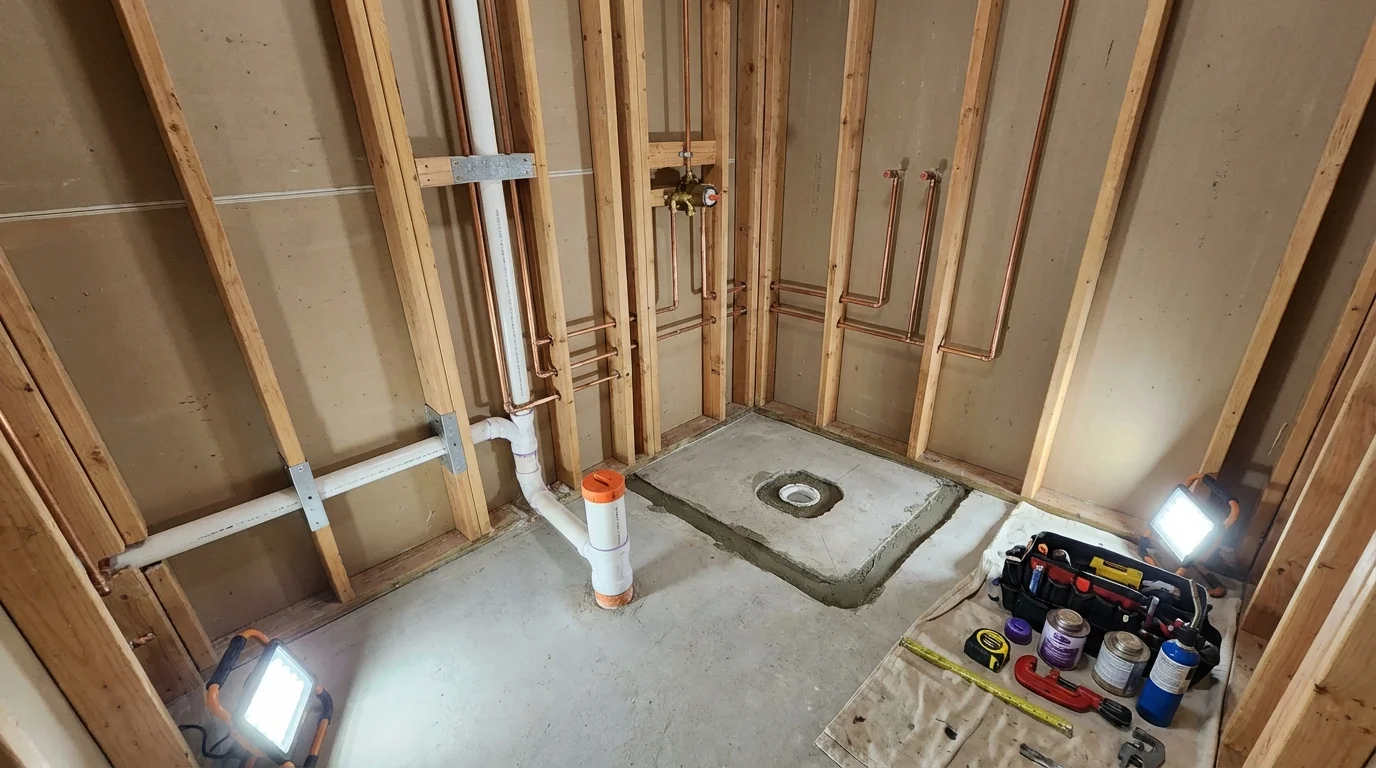 Bathroom rough-in plumbing during remodel by Johns Plumbing LLC in Weaverville