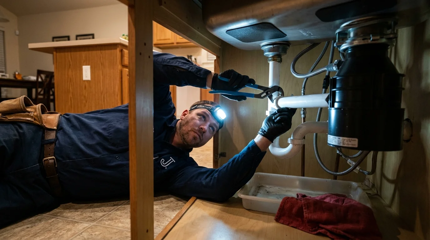 P-trap and supply line connections under a kitchen sink showing a common leak point in Weaverville, CA